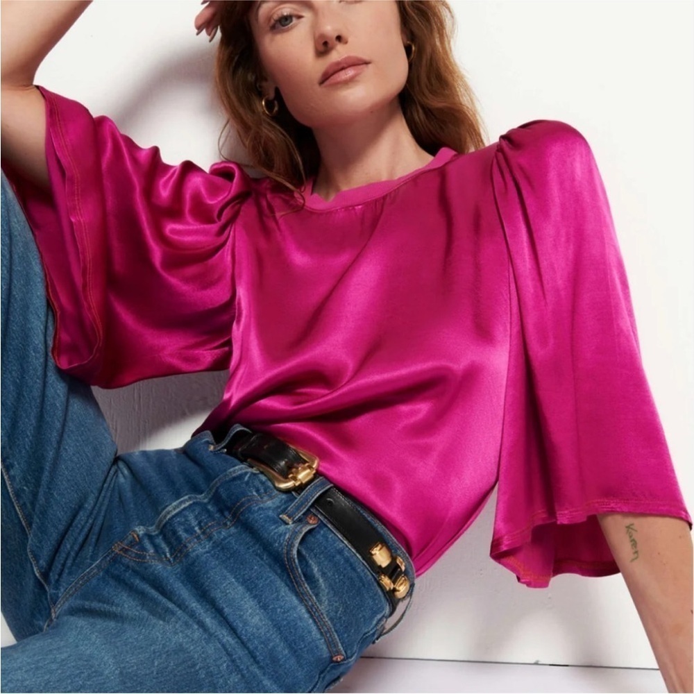 Nation LTD Donna Blouse Top Silky Bell Sleeves in Magenta Pink Size XS